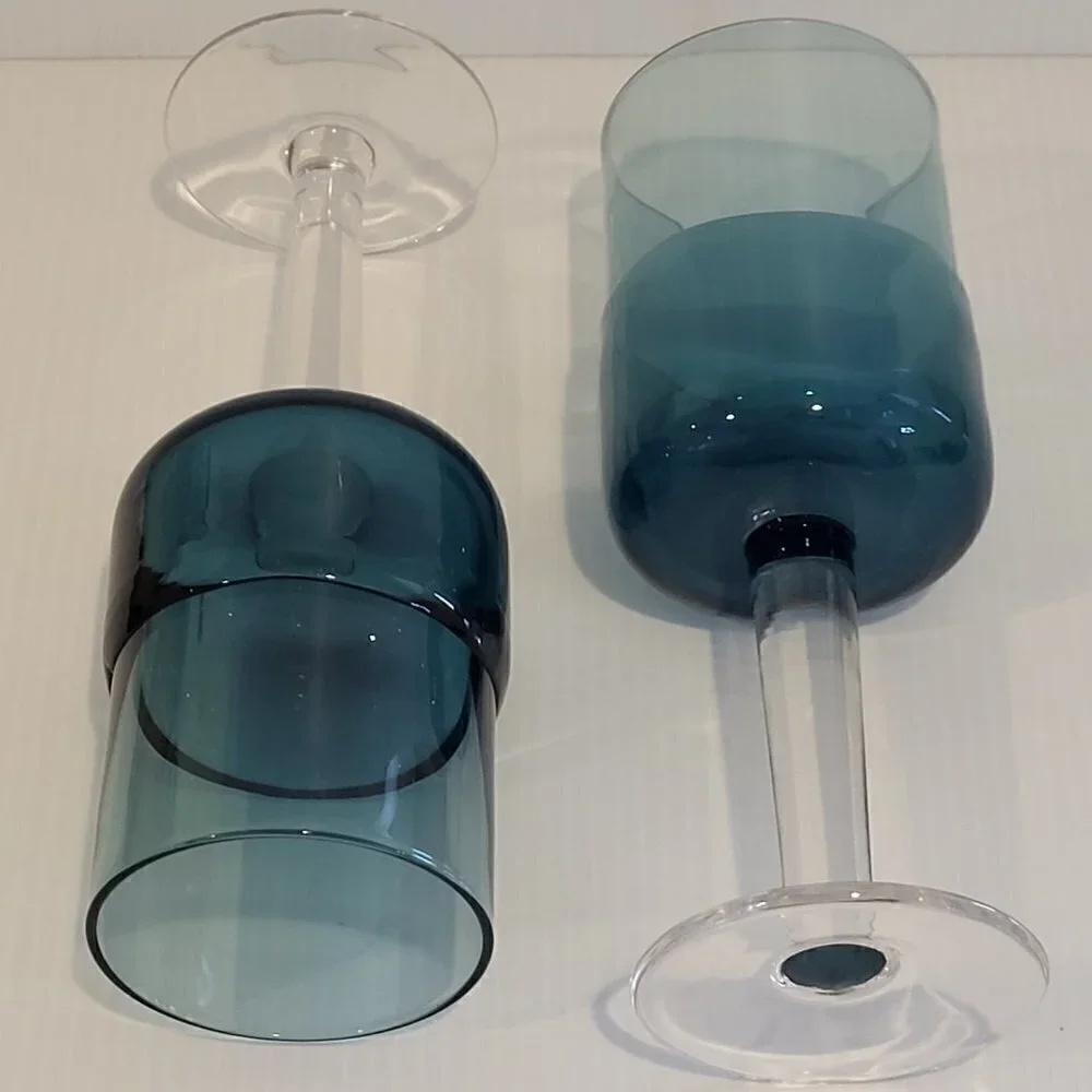 Pier 1 Goblet Blue Water 12 Oz Double Dip Mouth Blown MCM Style Wine Glass Pair
